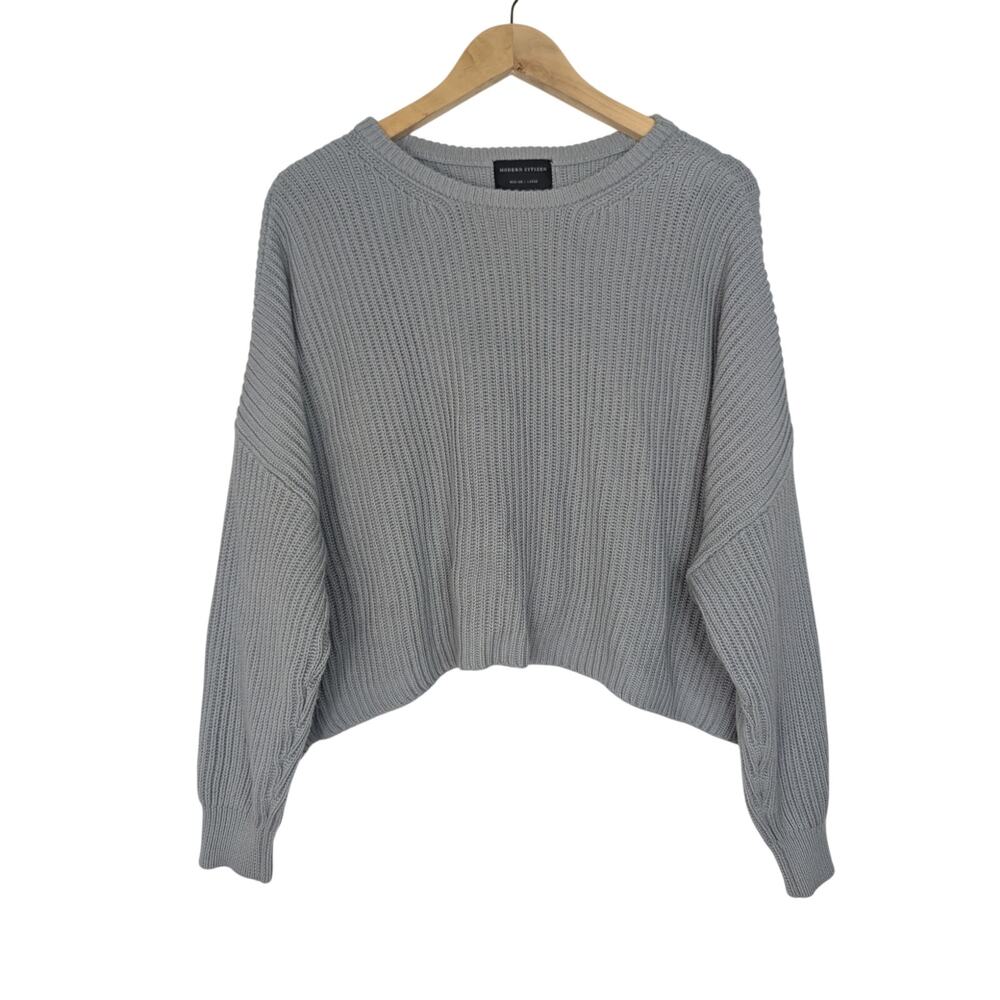 Modern Citizen Blue-Grey Cotton Blend Crewneck Boxy Cropped Oversized Sweater